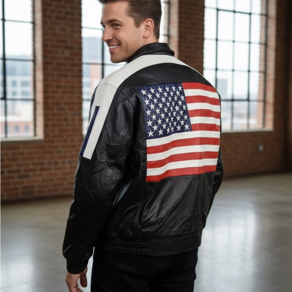 Men's Black and White Leather Bomber Jacket